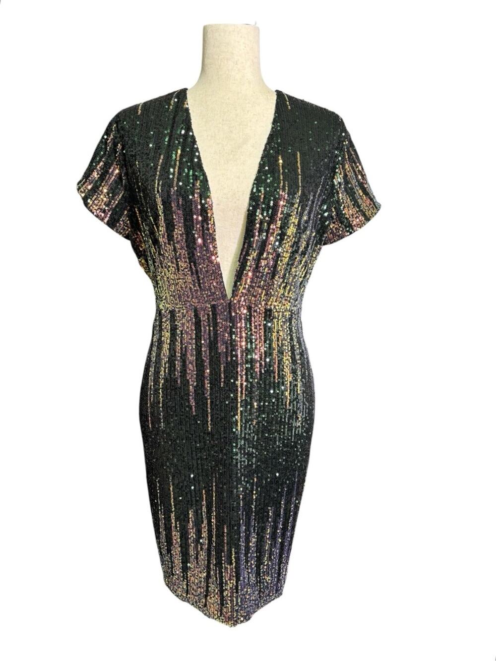 NWT Venus Sequin Deep V Dress Dark Glam Party Club NYE Bodycon Size 14